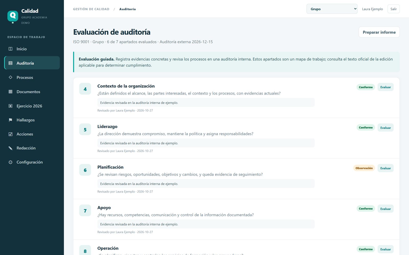 Generador de plan de auditoría · Evaluacion apartados