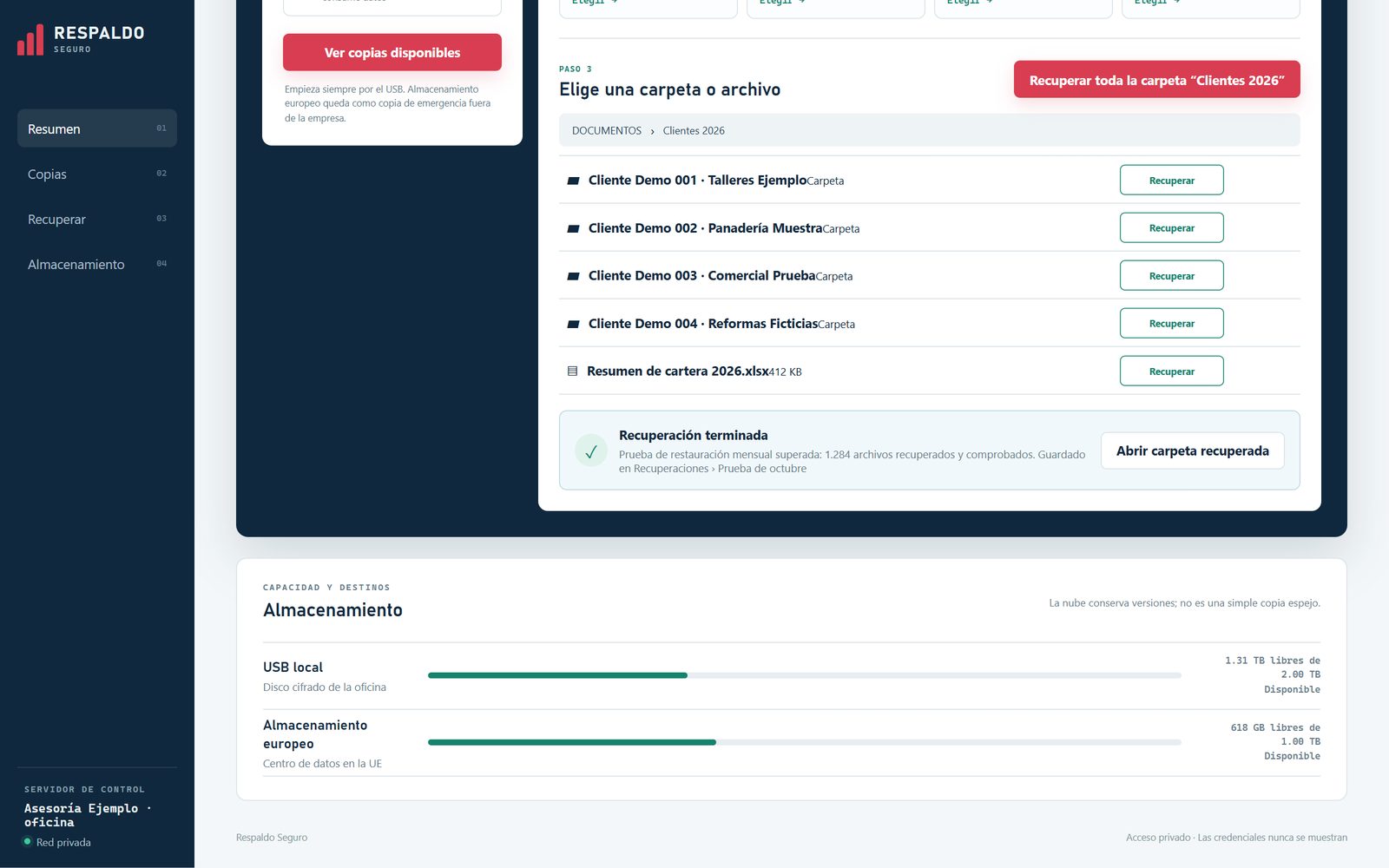 Respaldo seguro en la nube · Prueba restauracion y almacenamiento